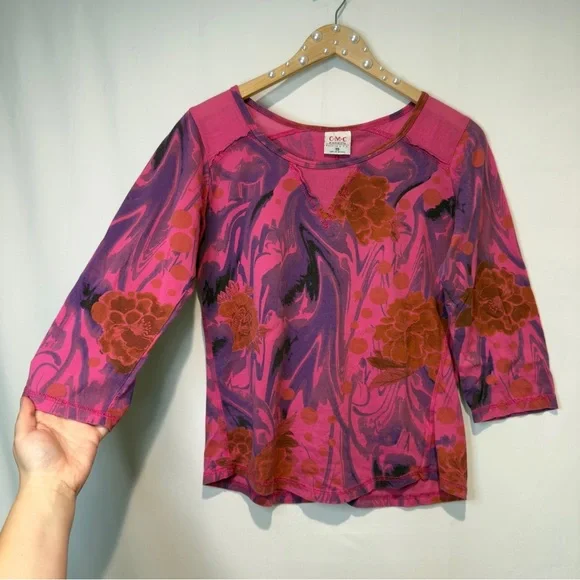 C.M.C. by Color Me Cotton Abstract Floral Cotton Top XS USA Made, Boho Artsy Y2K - Picture 3 of 6